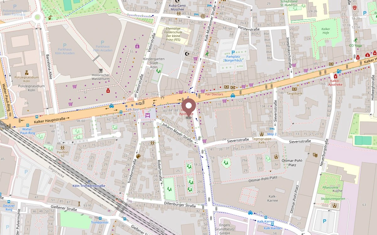 Kartenausschnitt Köln-Kalk mit der Lage der Praxis Dr. Svetlana Tcherniak, Rolshover Str. 4-6